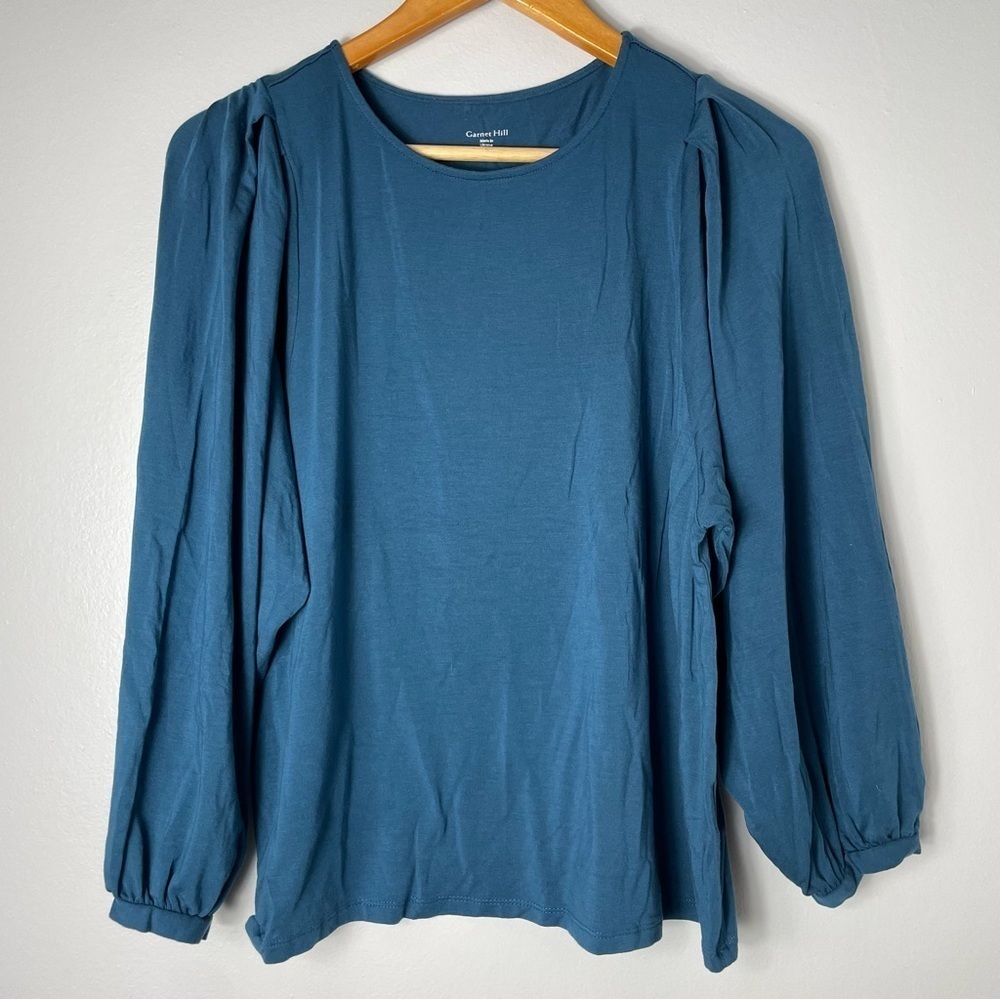 Garnet Hill Shirt Size S Teal Blue Pleated Bubble Long Sleeves